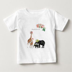 T-shirt Pour Bébé Eléphant mignon & Giraffe Floral Personnalisé Nom 