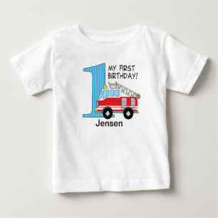 T-shirt Pour Bébé ęr Bleu/rouge de camion de pompiers d'anniversaire
