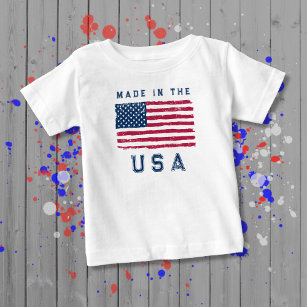 T-shirt Pour Bébé "Fabriqué aux Etats-Unis" (Texte bleu) Drapeau amé