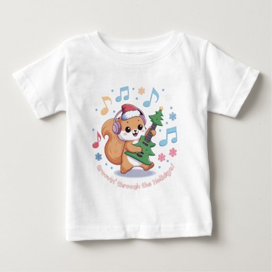 T-shirt Pour Bébé Festive Squirrel Playing Guitar Surrounded by Snow (Devant)