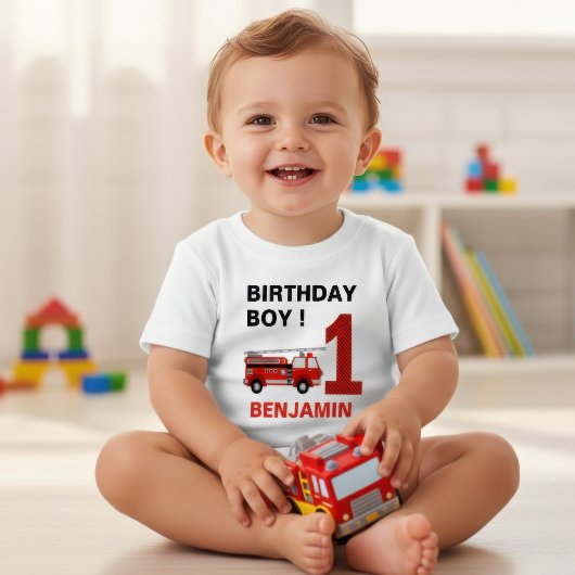 T-shirt Pour Bébé Fête d'anniversaire Camion de pompiers 1 an