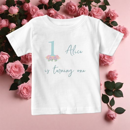 T-shirt Pour Bébé Fête d'anniversaire de 1 an bleu floral et rose pa