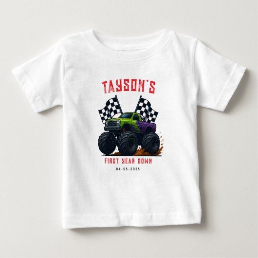 T-shirt Pour Bébé Fête d'anniversaire des Monster Trucks 1 an (Devant)