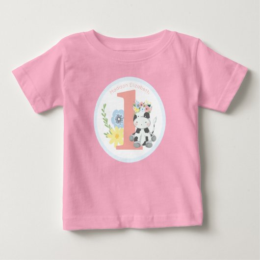 T-shirt Pour Bébé Fête d'anniversaire Fleurie Vachette numéro un 1 a (Devant)