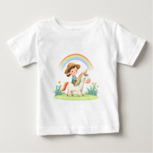 T-shirt Pour Bébé Fille chevauchant une licorne sous un arc-en-ciel