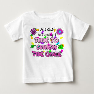 T-shirt Pour Bébé Fille d'anniversaire, nom et âge, Chemise de gâtea