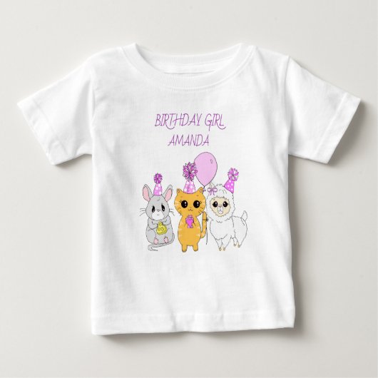 T-shirt Pour Bébé Fille d'anniversaire personnalisée Lama, Kitten et (Devant)