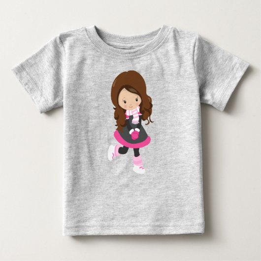 T-shirt Pour Bébé Fille patinant, jolie fille, cheveux bruns, écharp (Devant)