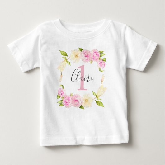 T-shirt Pour Bébé Fille rose gerbe florale Premier anniversaire (Devant)