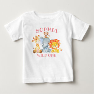 T-shirt Pour Bébé Fille Rose Jungle Animaux Sauvages Un Anniversaire