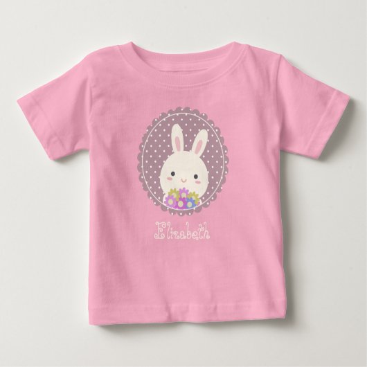 T-shirt Pour Bébé Fille rose mignonne Kawaii Bunny & Fleurs Nom Pers (Devant)