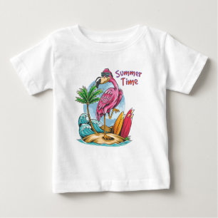 T-shirt Pour Bébé Flamant rose D'Été Sur La Plage Vintage