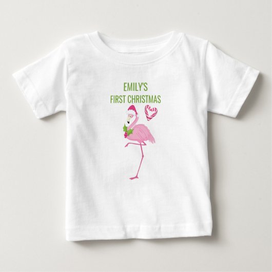 T-shirt Pour Bébé Flamant rose rose Tropical Premier Noël (Devant)