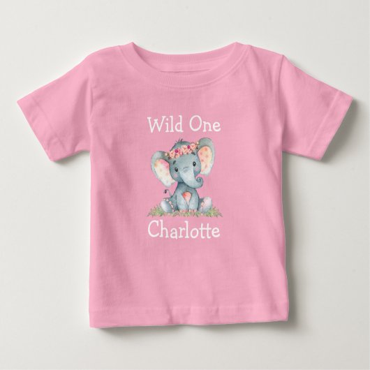 T-shirt Pour Bébé Fleurs d'éléphants 1er anniversaire sauvage rose (Devant)