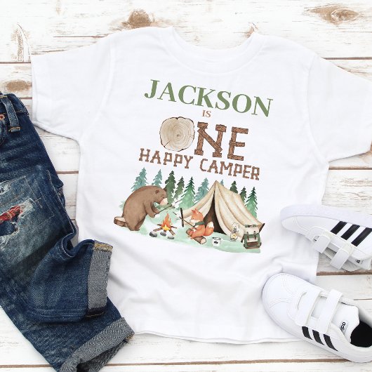 T-shirt Pour Bébé Garçon Brun Vert Un Happy Camper 1er Anniversaire