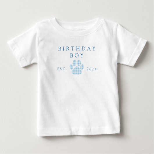 T-shirt Pour Bébé Garçon d'anniversaire bleu à carreaux et empreinte (Devant)