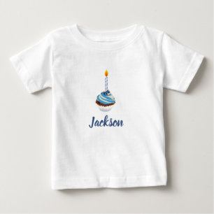 T-shirt Pour Bébé Gâteau bleu avec bougie d'anniversaire et nom