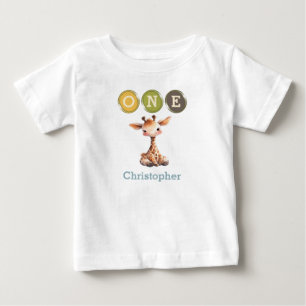 T-shirt Pour Bébé Girafe 1er Anniversaire un avec nom bleu