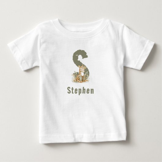 T-shirt Pour Bébé Girafe Monogramme & Nom Vert Sauge (Devant)