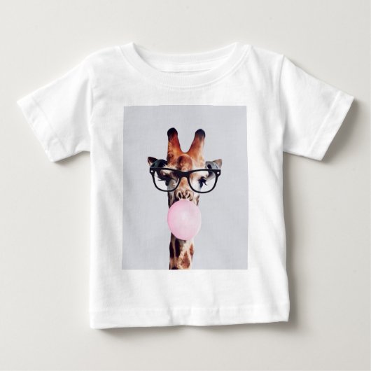 T-shirt Pour Bébé Girafe Portant des lunettes soufflant rose bulle g (Devant)