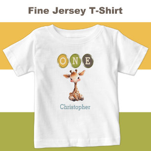T-shirt Pour Bébé Giraffe 1er anniversaire un avec le nom bleu