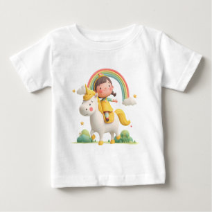 T-shirt Pour Bébé Girl Riding Unicorn avec arc-en-ciel - imaginaire