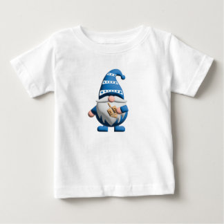 T-shirt Pour Bébé Gnome de Hanukkah bleu blanc tenant un Dreidel