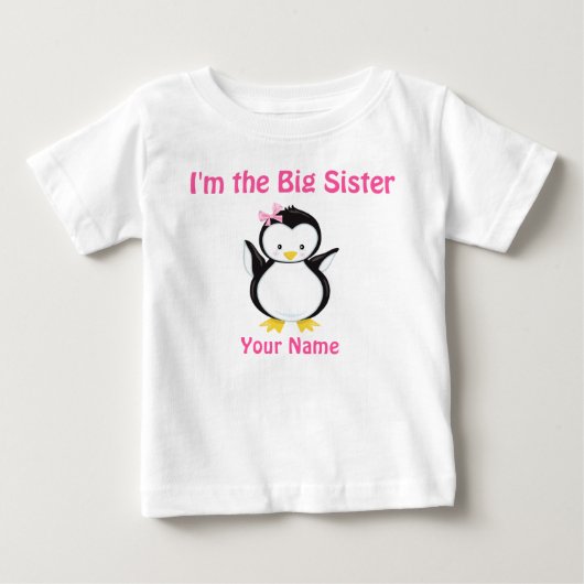 T-shirt Pour Bébé Grande Soeur Pingouin Rose Personnalisé T Chemise (Devant)