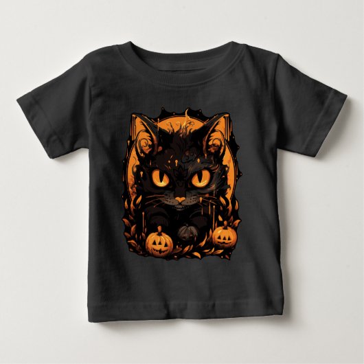 T-shirt Pour Bébé Halloween envoûtant : Chat noir parmi les Citrouil (Devant)