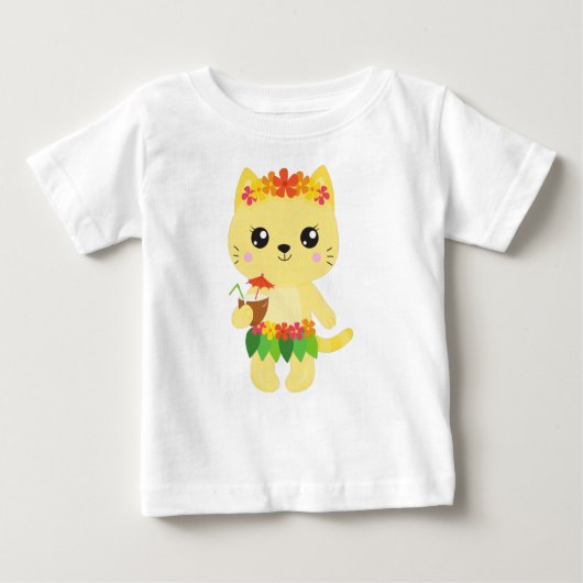 T-shirt Pour Bébé Hawaii Chat, Cute Chat, Chat Jaune, Fleurs, Luau (Devant)