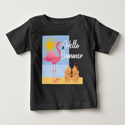 T-shirt Pour Bébé Hello Summer Pink Flamant rose Design - Baby Fine (Devant)