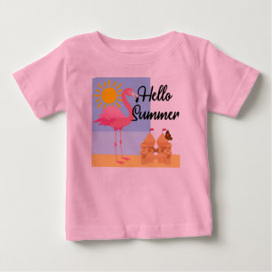 T-shirt Pour Bébé Hello Summer Pink Flamant rose Design - Baby Fine 