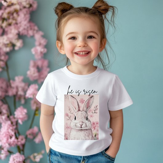 T-shirt Pour Bébé "Il est ressuscité" Lapin rose avec Fleur
