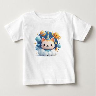 T-shirt Pour Bébé Joli chat de dessin animé sur un nuage avec un cha