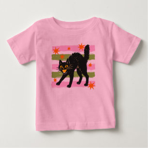 T-shirt Pour Bébé Joli chat noir Halloween bandes roses et vertes ét