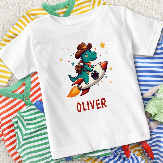 T-shirt Pour Bébé Joli Cowboy Dinosaure à bord d'une Fusée Spatiale