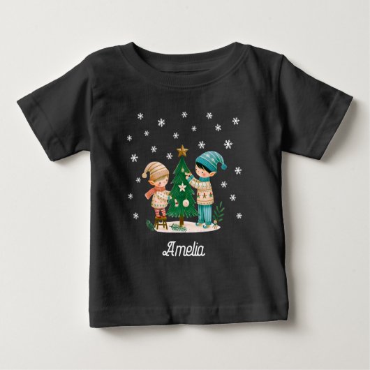 T-shirt Pour Bébé Joli Enfants Décorant Arbre de Noël Dessin (Devant)