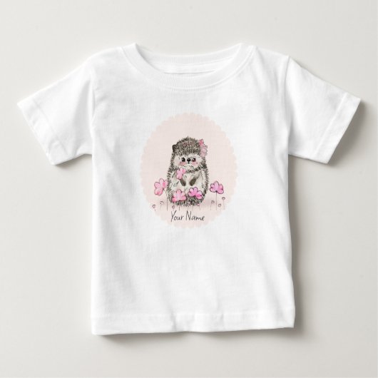 T-shirt Pour Bébé Joli Hérisson Fleurs Roses Nom (Devant)
