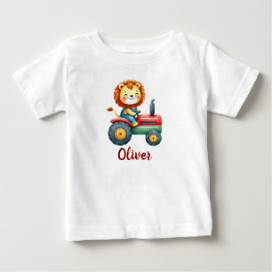 T-shirt Pour Bébé Joli lion fermier sur un tracteur rouge et vert