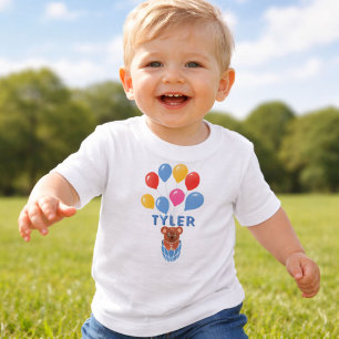 T-shirt Pour Bébé Joli Ours en Peluche Ballons Bleus Nom de Garçon