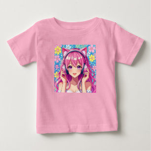 T-shirt Pour Bébé Jolie Fille Anime Rose avec Écouteurs