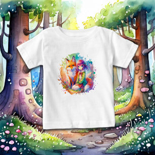 T-shirt Pour Bébé Jolie fille d'anime et renard à l'aquarelle