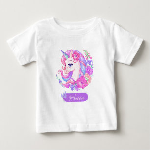 T-shirt Pour Bébé Jolie licorne florale colorée fille personnalisée