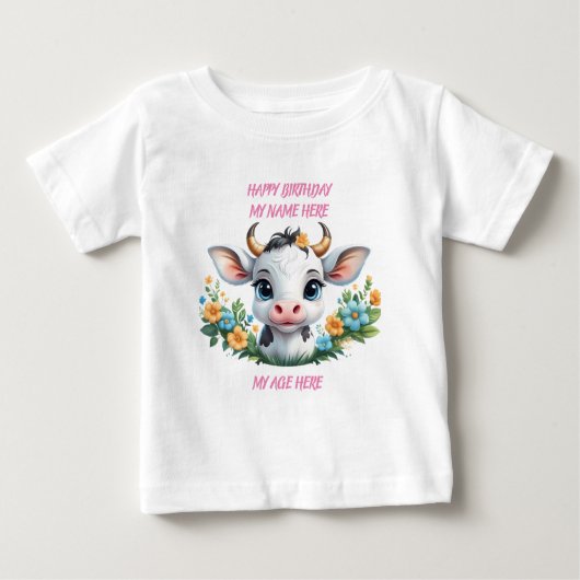T-shirt Pour Bébé Jolie petite vache fille en fleurs (Devant)