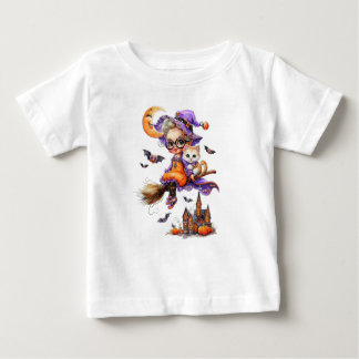 T-shirt Pour Bébé Jolie sorcière et chaton dans une chambre