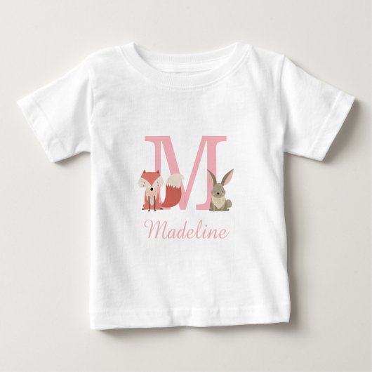 T-shirt Pour Bébé Jolis animaux de la forêt de monogramme rose (Devant)