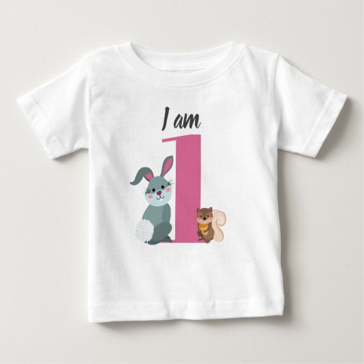 T-shirt Pour Bébé Joyeux 1er anniversaire écureuil lapin rose (Devant)