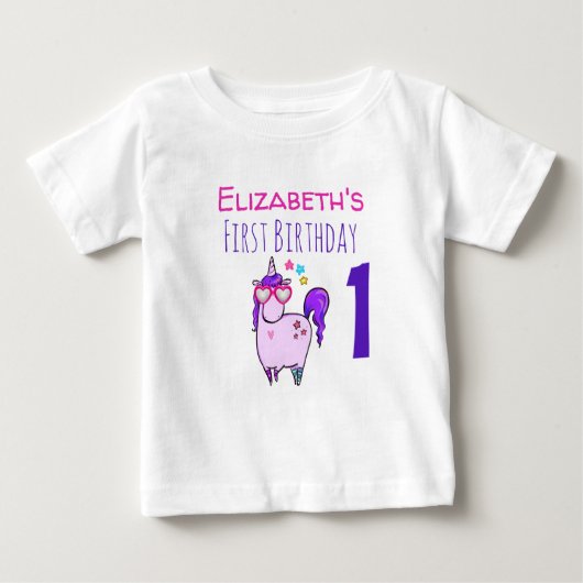 T-shirt Pour Bébé Joyeux Anniversaire Licorne Mignonne avec Lunettes (Devant)