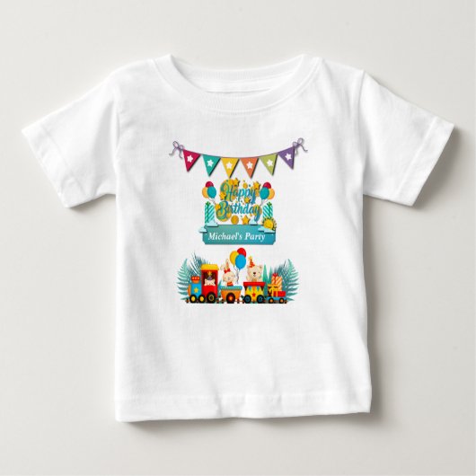 T-shirt Pour Bébé Joyeux Anniversaire Train Avec Vœux D'animaux Mign (Devant)