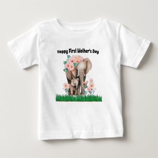 T-shirt Pour Bébé joyeux premier jour de mère mignon éléphant (Devant)